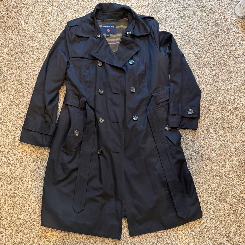 London Fog Women's L Black Towne Trench Rain Coat Lined Belted Double Breasted